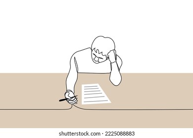 pensive student sits over a sheet of paper with a pen in his hand - one line drawing vector. concept of test task, exam