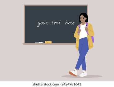 A pensive student standing by a chalkboard with space for text, possibly contemplating the days lesson or preparing to contribute her own thoughts