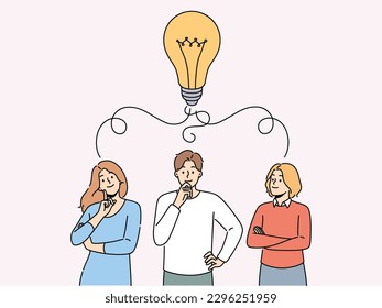 Pensive team with huge lightbulb above head brainstorm generate creative business idea together. Thoughtful businesspeople think develop strategy. Vector illustration. 