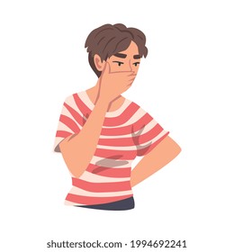Pensive Teenage Girl Covering her Mouth with Palm, Portrait of Thoughtful Person with Curious Face Expression Cartoon Vector Illustration