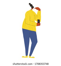 Pensive teenager girl. Young woman dressed in casual clothes in doubt. Person frustrated by current situation and thinking so hard. Female character thinking about problems Vector flat illustration.