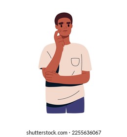 Pensive thoughtful black man in trouble doubting, thinking. Puzzled worried person pondering, wondering. Tension, anxiety face expression. Flat vector illustration isolated on white background