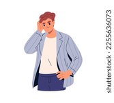 Pensive thoughtful man doubting, worrying, thinking. Puzzled troubled confused person scratching head. Perplexed anxious guy in difficulty. Flat vector illustration isolated on white background