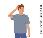 Pensive thoughtful man doubting, worrying, thinking. Puzzled troubled confused person scratching head. Perplexed anxious guy in difficulty. Flat vector illustration isolated on white background