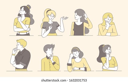 Pensive, thoughtful people cartoon vector illustrations. Young guys and girls thinking, pensive, puzzled women, men with unsure faces. Female and male isolated contour characters searching solution