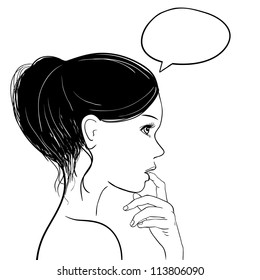 Pensive thoughtful woman looking up, Speech bubble at the top of the photo for your text. Illustration.