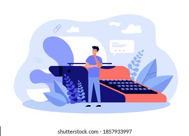 Pensive Tiny Author Thinking Over Script, Using Retro Typewriter With Paper. Vector Illustration For Screenwriter, Screenplay, Writing Job Concept