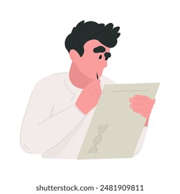 The pensive and weary laboratory assistant, holding a pen near their mouth, studies a medical document related to DNA