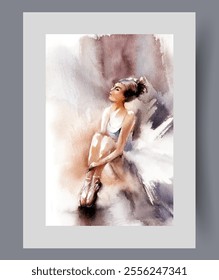 Pensive woman ballerina sits on floor and stretches out toes on wall art. Watercolor artwork. Poster with ballerina dreaming of participating in world theater tour, in frame with decor for print