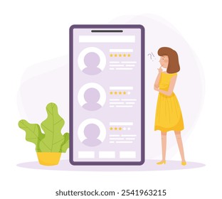 Pensive Woman Character Stand at Smartphone Scratching Head Thinking and Considering Something Vector Illustration