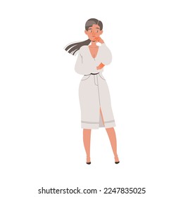 Pensive Woman Character Thinking and Considering Something Scratching Her Chin Vector Illustration