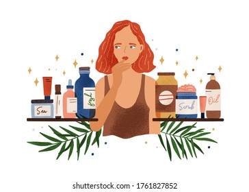 Pensive woman choosing organic cosmetics vector flat illustration. Thoughtful female choose natural beauty care product on shelves isolated. Buyer at shop with skincare products assortment