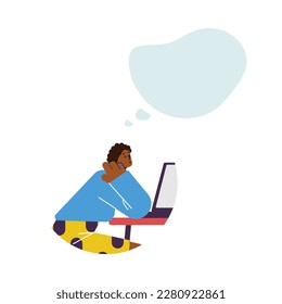 Mujer pensante soñando o pensando, burbuja de pensamiento vacía - ilustración vectorial plana aislada en fondo blanco. La persona está distraída del trabajo y piensa en el futuro o el pasado.