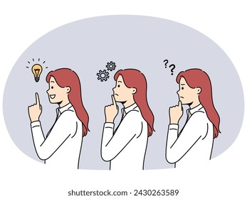 Pensive woman feel confused engaged in thinking process and finding solution to business problem. Concept of solving troubles and brainstorming. Vector illustration.