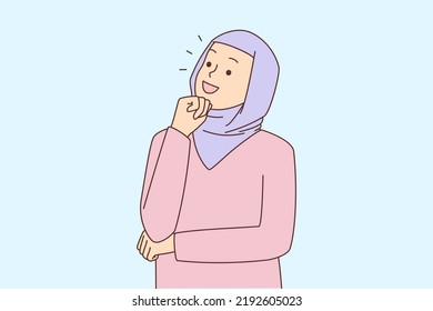 Pensive woman in hijab thinking solving problem. Smiling Arabic female make decision or plan, search business solution. Dilemma and doubts. Vector illustration. 