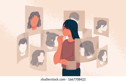 Pensive Woman Looking At Different Various Choice Hairstyle Vector Graphic Illustration. Girl Choosing New Haircut At Internet Online Cyber Space Isolated. Concept Of Beauty, Fashion And Technology