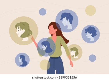 Pensive woman looking at various hairstyles. Girl choosing new hairstyle on Internet using futuristic projection panel. Concept of beauty, fashion and technology. Flat cartoon vector illustration