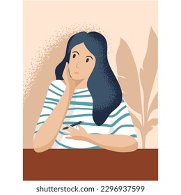 Pensive woman with pan sitting at desk vector