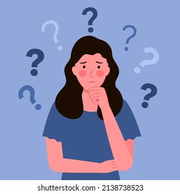 Pensive woman with question mark in flat design. Thoughtful girl being confused.