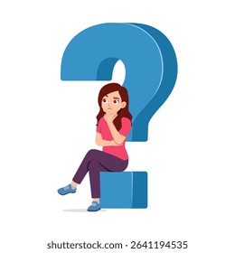Pensive Woman Sitting on Question Mark Thinking Hard with Concerned Expression in Illustration