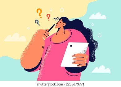 Pensive woman with tablet feel confused think of problem solution. Doubtful female work online on pad make decision or solve trouble. Vector illustration. 