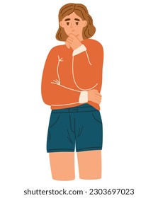 Mujer pensante pensando en problemas. Chica desconcertada reflexionando, dudando. Concepto de asombro o pensamiento, planificación o reflexión, estudio o trabajo. Carácter de persona. Ilustración vectorial plana.