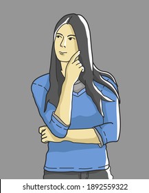 Pensive woman thinking with hand on chin. Hand drawn style vector design illustrations.
