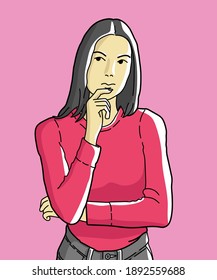 Pensive woman thinking with hand on chin. Hand drawn style vector design illustrations.