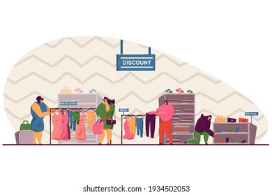 Pensive women choosing clothes in shop flat vector illustration. Cartoon female consumers buying modern garments on hangers. Retail, apparel store and shopping concept