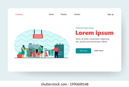 Pensive women choosing clothes in shop flat vector illustration. Cartoon female consumers buying modern garments on hangers. Retail, apparel store and shopping concept