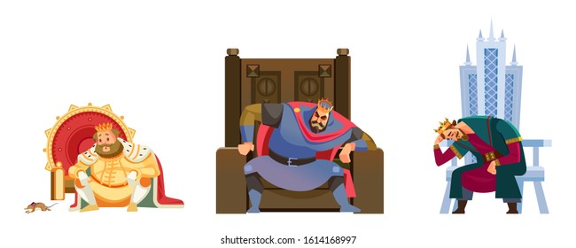 Pensive and worried kings sitting on his throne. Set Cartoon style Failed Business Kings in bankruptcy, failure and collapse. Flat vector illustration on white background