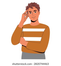 Pensive worried man thinking and scratching head while searching for solutions isolated flat vector illustration for problem solving concepts