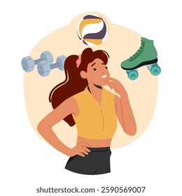 Pensive young athletic woman selecting making choice between skating, volleyball and gym class vector illustration. Thoughtful female cartoon character prefers sports training and active lifestyle