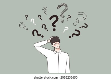 Pensive young businessman feel frustrated confused make decision or plan. Thoughtful man employee or worker thinking pondering of problem solution. Trouble solving concept. Vector illustration. 