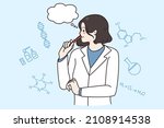 Pensive young female scientist in uniform think of chemical discovery or research. Woman researcher or lab worker brainstorm develop vaccine against disease. Medicine concept. Vector illustration. 