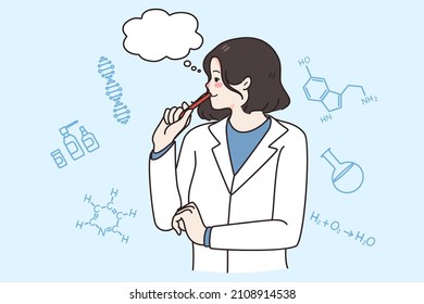 Pensive young female scientist in uniform think of chemical discovery or research. Woman researcher or lab worker brainstorm develop vaccine against disease. Medicine concept. Vector illustration. 