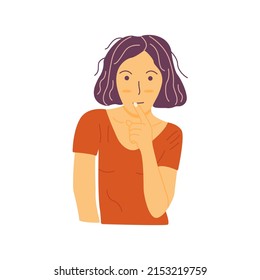 Pensive young girl holds finger near her lips. Bob haircut. Colorful vector isolated illustration hand drawn. Facial expression, doubt or question, reflection or curiosity