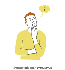 Pensive young man holds his hand near his mouth. Flat vector illustration. Isolated design on a white background.