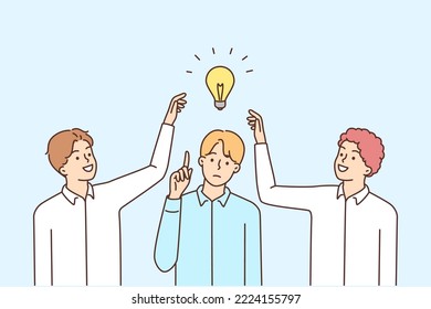 Pensive young man with light bulb above head generate idea, colleagues try to steal. Employees touch light bulb above coworker head. Rivalry and competition. Vector illustration. 