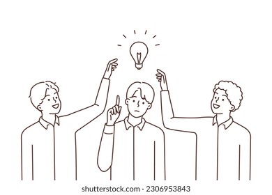 Pensive young man with light bulb above head generate idea, colleagues try to steal. Employees touch light bulb above coworker head. Rivalry and competition. Vector illustration. 