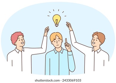Pensive young man with light bulb above head generate idea, colleagues try to steal. Employees touch light bulb above coworker head. Rivalry and competition. Vector illustration.