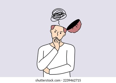 Pensive young man with open head think of problem solution or generate idea. Confused male brainstorm solve trouble or look for innovative thought. Vector illustration. 