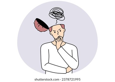 Un joven pensante con la cabeza abierta piensa en una solución problemática o genera ideas. Las tormentas de ideas masculinas confusas resuelven problemas o buscan ideas innovadoras. Ilustración vectorial.