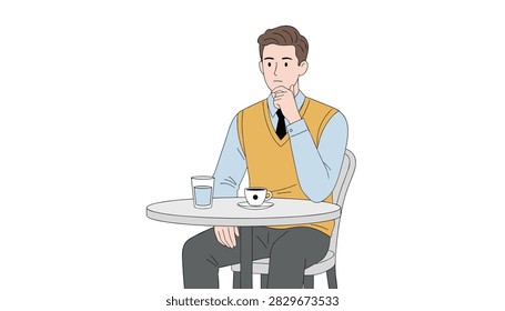 Pensive young man sitting alone at a cafe table with a cup of coffee and a glass of water, deep in thought on a white background.