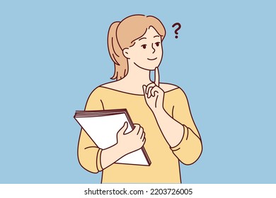 Pensive young woman with documents make decision or plan. Thoughtful girl thinking and brainstorming. Vector illustration. 