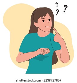 Pensive young woman with documents make decision or plan. Thoughtful girl thinking and brainstorming. Vector illustration.