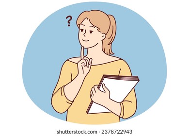 Pensive young woman with documents make decision or plan. Thoughtful girl thinking and brainstorming. Vector illustration.