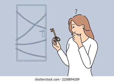 Pensive young woman with key in hands stand near locked doors think of problem solution. Frustrated female feel confused think about door unlocking. Vector illustration.