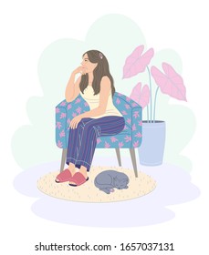 Pensive young woman sitting in armchair. Cozy room interior with cat sleeping on carpet and plant in pot. Dreamy girl in pajamas and slippers sits on chair and looks away. Vector flat illustration.