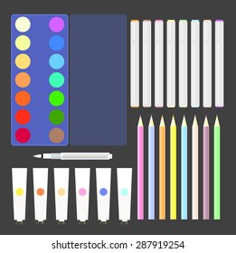 Pens,markers, watercolor paints,pencils, paintbrush,art stuff. Vector illustration